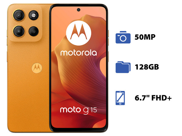 Smartphone Motorola Moto G15: Procesador Mediatek Helio G81 (hasta 2.0 GHz) , Memoria RAM de 4GB, Almacenamiento de 128GB, Pantalla LED Multi-Touch de 6.7" FHD+, Bluetooth, Wi-Fi, Cámara principal de 50MP, Android 14, Color Naranja. - imagen 2