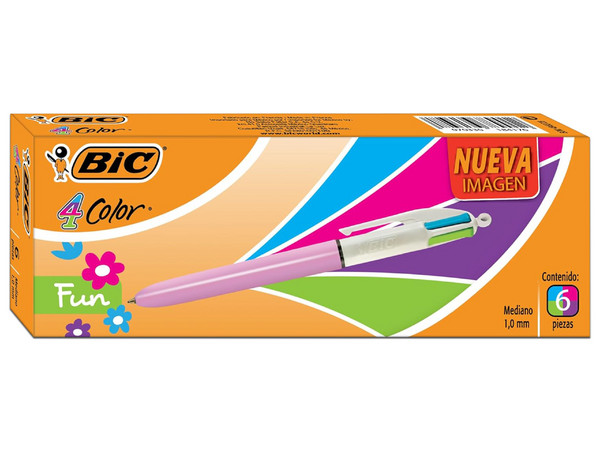 Bolígrafo BIC 4 Color Fun, punto mediano 1.0 mm, paquete con 6 piezas.