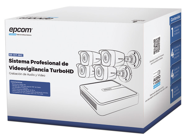 Kit de Videovigilancia Epcom B8-KIT-MIC TurboHD 1080p Lite, DVR de 4 Canales 720p y 1 Canal IP 1080p, Disco Duro de hasta 6TB (No Incluido), 4 Cámaras tipo Bala de 2MP con Micrófono, Fuente de Poder Profesional y 4 cables de 18m.