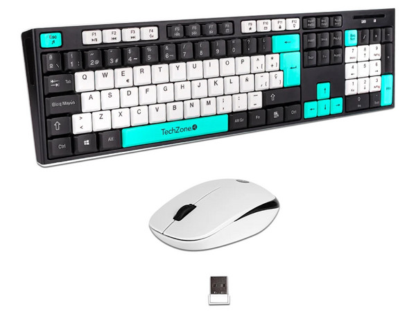 Kit Teclado Y Mouse Techzone Gradient Conexión Inalámbrica Con 105 Teclas Y Mouse Con 3 Botones DPI 1000 Color Negro Con Azul Menta Y Blanco.