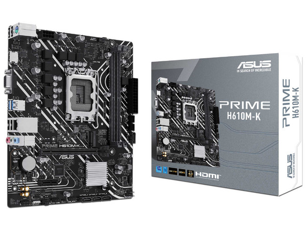 T. Madre ASUS Prime H610M-K, Chipset Intel H610,Soporta: Procesadores Intel Core 12 y 13 Gen, Socket LGA 1700,Memoria: DDR5 4800,5000,5200,5400,5600 MHz,Almacenamiento: M.2, SATA 3.0,Integrado: Audio HD, Red,Micro-ATX, Ptos: 1x PCIe 4.0 x16.