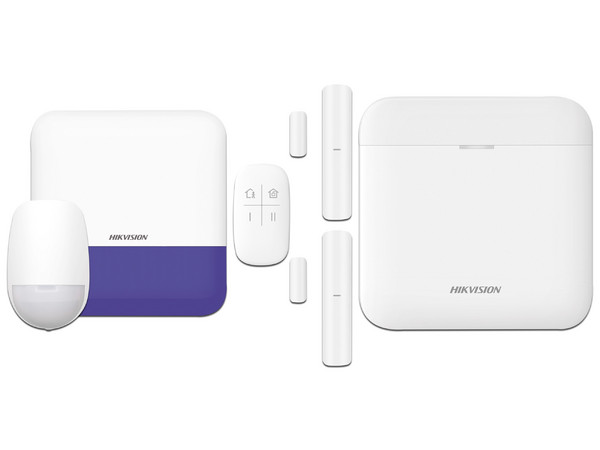 Kit de Alarma Hikvision AX PRO GSM, Incluye 1 Hub con batería de Respaldo, Sensor PIR, 2 Conectores Magnéticos, 1 Control Remoto, 1 Sirena Inalámbrica Exterior, Color Blanco.