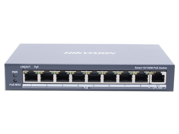 Switch Hikvision DS-3E1309P-EI/M de 8 puertos 10/100 Mbps PoE+ y 1 puerto Gigabit Uplink.