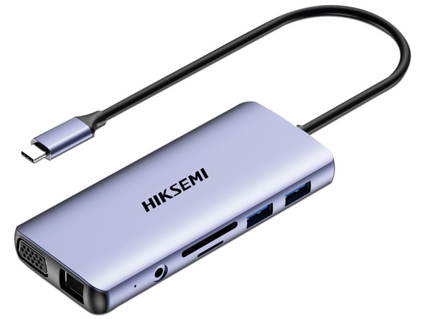 Hub Hikvision HS-HUB-DS11 11 en 1, USB C (M) a HDMI, 2 USB 3.0, 2 USB 2.0, VGA, SD, TF, 3.5mm, RJ-45, USB Tipo C (H), Color Gris.