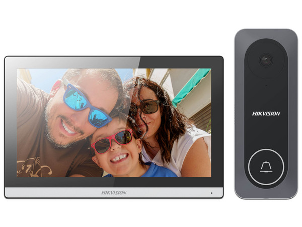 Kit Videoportero híbrido Hikvision DS-KIS312-P, Pantalla touch 7", Cámara de 720p, Conectividad Wi-Fi, Apertura de puerta. Color Gris.