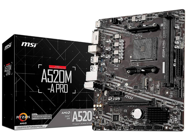 T. Madre MSI A520M-A PRO, Chipset AMD A520,Soporta: AMD Ryzen 3ra, 4ta y 5ta Generación, Socket AM4,Memoria: DDR4 4600+/ 3200/ 2133 MHz, 64GB Max,Integrado: Audio HD, Red, USB 3.0, SATA 3.0, M.2,Micro-ATX, Ptos: 1xPCIEx16, 1xPCIEx1