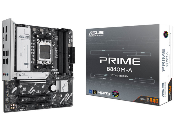 T. Madre ASUS PRIME B840M-A, Chipset AMD B840, Soporta: Procesadores AMD Serie 9000, 8000 y 7000, Socket AM5, Memoria: DDR5 7600/5600/4800MHz, 256GB Max, Integrado: USB, M.2, Micro-ATX, Ptos: 1xPCIE4.0x16.