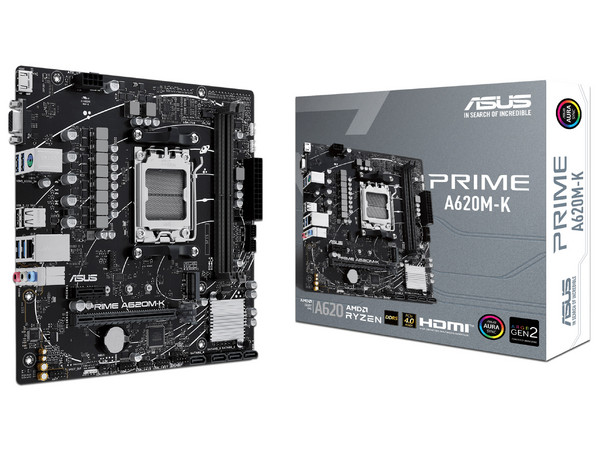 T. Madre ASUS PRIME A620M-K, Chipset AMD A620, Soporta: Procesador AMD Ryzen 7ma y 8va Gen, Socket AM5, Memoria: DDR5 7600+(OC)/6200/4800 MHz, 96GB Máx, Integrado: Audio HD, Red, USB 3.2, SATA 3.0, M.2, Micro-ATX, Ptos: 1xPCIe4.0x16, 1xPCIe3.0x1