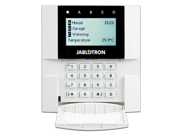 Teclado inalambrico Jablotron JA-150E, con pantalla LCD, teclas de control y lector RFID.