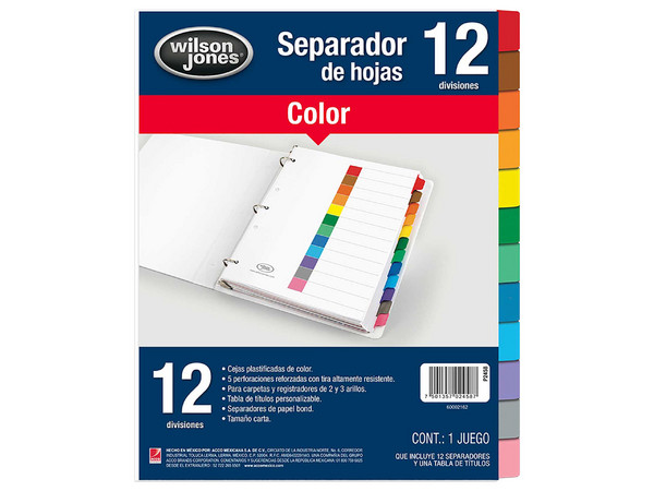 Separador Wilson Jones económico para 12 divisiones, Sin Numeración.
