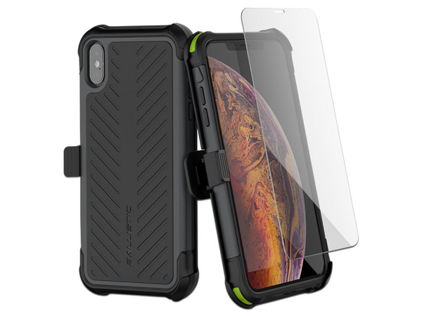 Funda Ballistic TJ Max para iPhone Xs Max. Color Negro. Con clip y mica de cristal templado.