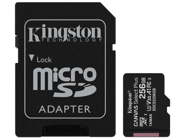 Memoria Kingston MicroSDXC UHS-I U3 Canvas Select Plus de 256GB, V30, Clase 10. Incluye adaptador.