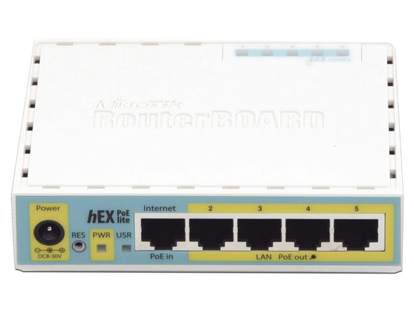 Ruteador MikroTik hEX PoE Lite de 5 puertos Gigabit Ethernet 10/100, Alámbrico, USB, Color Blanco. - imagen 2