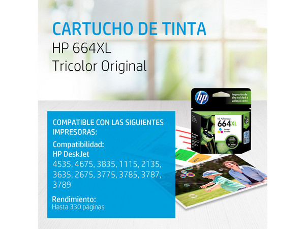 Cartucho de tinta HP 664XL Tricolor Original (F6V30AL). - imagen 2