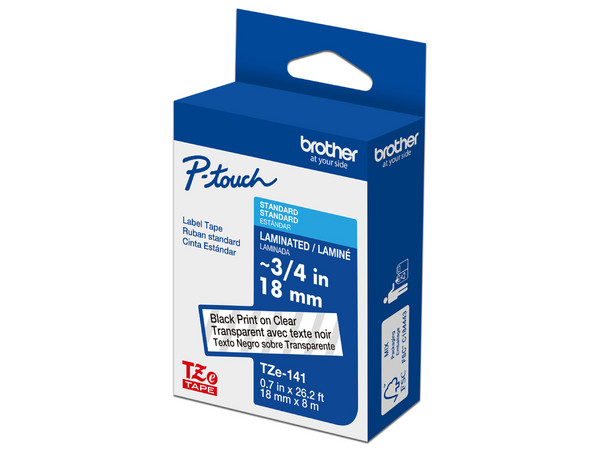 Cinta Brother Laminada Estándar, 18 mm×8 m, Transparente, Texto Negro.