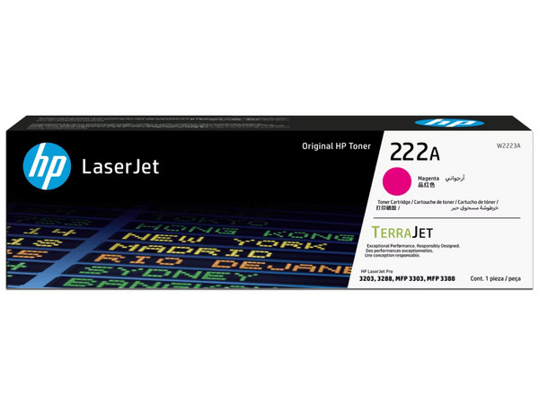 Toner HP 222A W2223A magenta, compatible con LaserJet Pro MFP 3303 / MFP 3388, rendimiento de 1,200 páginas.