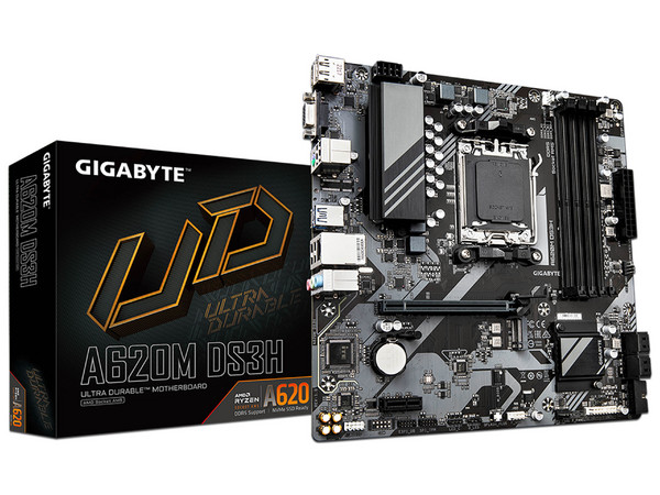 T. Madre GIGABYTE A620M DS3H (rev. 1.1), Chipset AMD A620,Soporta: Procesadores AMD Serie 9000, 8000 y 7000, Socket AM5,Memoria: DDR5 8000(OC)/7200(OC)/4800MHz, 256GB Max,Integrado: Audio HD, USB-C 3.2, M.2, Micro ATX,Ptos: 1xPCIE4.0x16, 1xPCIE3.