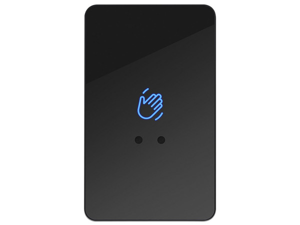 Botón de salida sin contacto Axceze AX-B100, formato vertical, cubierta plástica negra, LED indicador, distancia de detección ajustable (5-20 cm), retardo de apertura configurable.