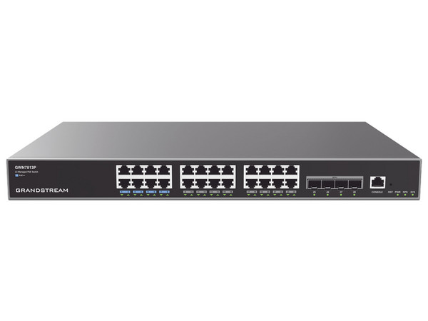 Switch Capa 3 PoE Plus Administrable con 24 puertos 10 100 1000 Mbps y 4 puertos SFP Plus de 10 Gigabits. Potencia PoE hasta 360W. Compatible con GWN Cloud.