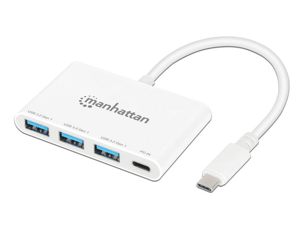 Hub USB-C Manhattan 3 Puertos, USB-C, USB-A y 1 Puerto Power Delivery, Color Blanco.