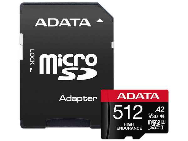 Memoria ADATA High Endurance microSDXC UHS-I U3 V30 de 512 GB, clase 10, incluye adaptador SD.