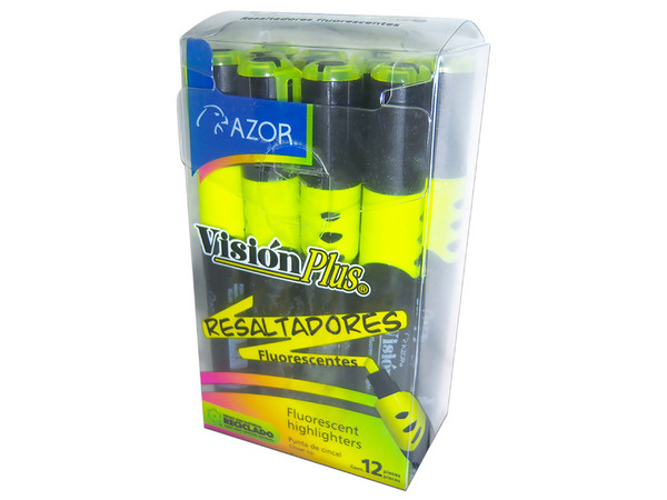 Paquete de Marcatextos Azor Visión Plus, Punta tipo cincel, 12 piezas, Color Amarillo Fluorescente.