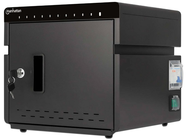 Carrito o Armario para Dispositivos Portátiles Manhattan 715942, Gabinete de Manejo, 10 Dispositivos, Material Acero, Cierre con 2 Teclas, Color Negro.