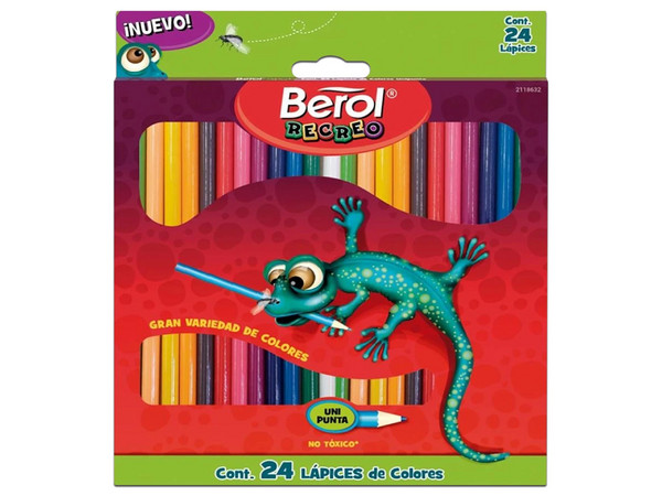 Estuche de Colores Berol Recreo Largos contiene 24 piezas con punta unitaria, ideales para actividades creativas y artísticas.