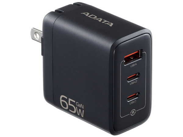 Cargador de Pared Adata Charger U de 65W, 2 puertos USB-C PD 3.0 y 1 puerto USB-A QC 3.0. Color Negro.