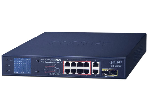 Switch Planet Technology FGSD-1022VHP de 8 Puertos Gigabit (10/100Mbps), 2 Puertos SFP, Modo Extendido Hasta 250 m, Color Azul.