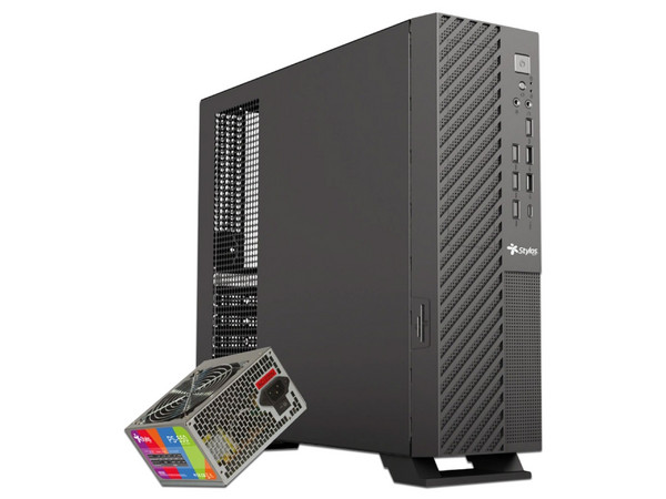 Gabinete Stylos Mince Slim ITX, Mini-Tower, ITX, (Incluye Fuente de Poder de 550W), Color Negro.