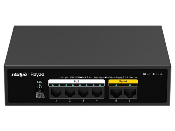 Switch Ruijie RG-ES106F-P de 4 puertos PoE, 2 puertos 10/100 Mbps, Hasta 54W.