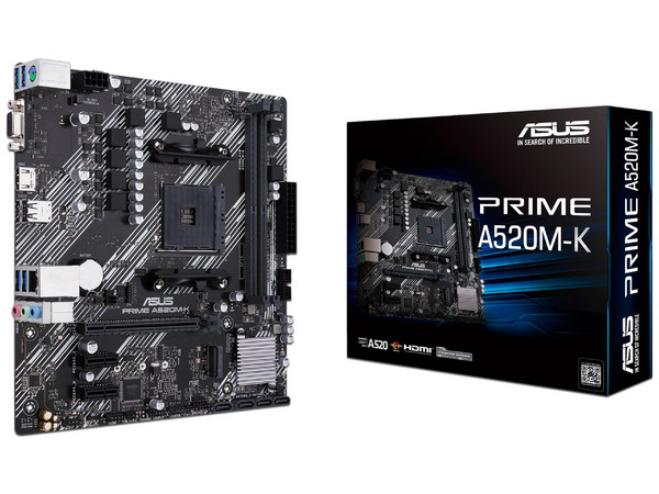 T. Madre ASUS PRIME A520M-K, Chipset AMD A520, Soporta: AMD Ryzen 3ra, 4ta y 5ta Generación, Socket AM4,Memoria: DDR4 4600/3866/2133 MHz, 64GB Max,Integrado: Audio HD, Red, USB 3.0,SATA 3.0, M.2,Micro-ATX, Ptos: PCIE 3.0 x16, PCIE 3.0 x1.