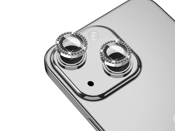 Mica Vidrio MYBAT GlamCam para iPhone 15 y 15 PLUS Brillos Plata.