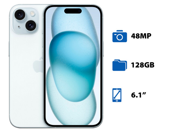 Smartphone Apple iPhone 15: Procesador Apple Chip A16 Bionic, Almacenamiento de 128GB, Pantalla Super Retina XDR de 6.1", Bluetooth 5.3, Wi-Fi, 5G, iOS, Color Azul. - imagen 2