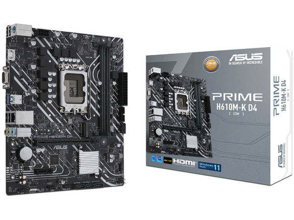 T. Madre ASUS PRIME H610M-K D4-CSM: Chipset Intel H610, Soporta Procesadores Intel Core 12va, 13va y 14va Gen, Socket 1700, Memoria: DDR4 3200/2800/2133MHz, 64GB Max, Integrado: AudioHD, Red, USB 3.1 y SATA 3.0, M.2, Micro-ATX, Ptos: 1xPCIE4.0x16