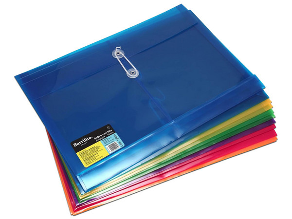 Sobre Barrilito Plástico con Hilo, Tamaño Carta Horizontal, Colores Surtidos. Paquete con 12 Piezas.