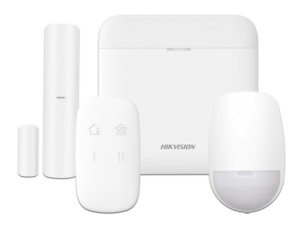 Kit de Alarma Hikvision AX PRO, Incluye 1 Hub con batería de Respaldo, Sensor PIR, 2 Conectores Magnéticos, 1 Control Remoto, 1 Sirena Inalámbrica Exterior, Color Blanco.