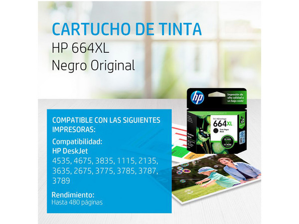 Cartucho de tinta HP 664XL, Color negro Original (F6V31AL). - imagen 2