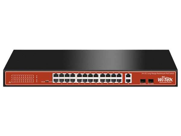 Switch No Administrable Wi-Tek WI-PS526G de 24 puertos 10/100/1000 Mbps y 2 puertos SFP, PoE. Color Negro / Naranja