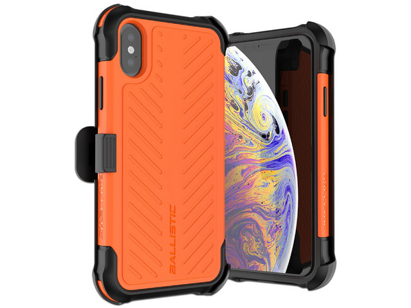 Funda Ballistic TJ Max para iPhone Xs/X. Color Naranja. Con clip y mica de cristal templado.