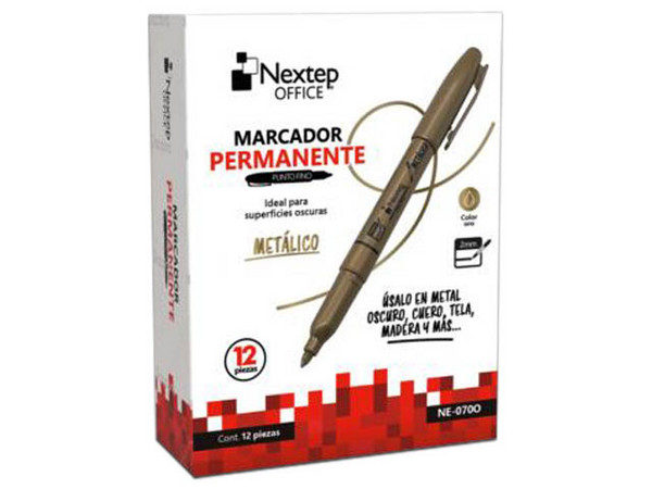 Marcador Permanente Nextep Punta Fina 2mm, Color Oro, Caja con 12 Piezas.