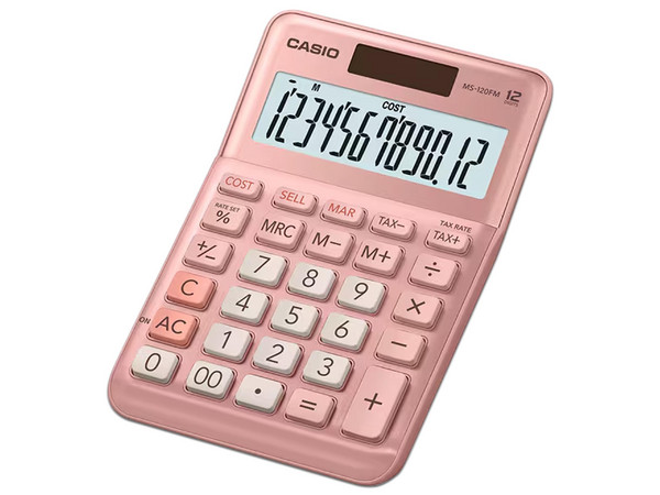Calculadora de Escritorio Casio MS-120FM, 12 Dígitos, Calculo de Costo Venta y Margen, Color Rosa Metálico.