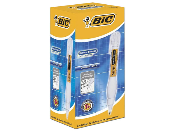 Corrector Líquido BIC Shake n Squeeze: Tipo Pluma, 8ml. Caja con 12 Piezas.