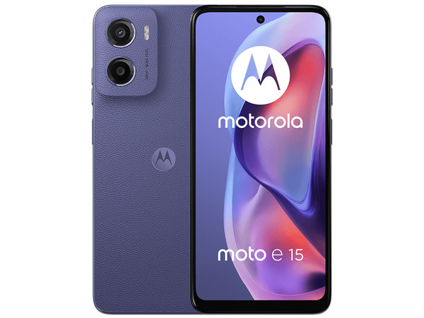Smartphone Motorola Moto E15: Procesador Mediatek Helio G81 (hasta 2.0 GHz), Memoria RAM de 2GB, Almacenamiento de 64GB, Pantalla LED-Multi-Touch de 6.67" HD+, Bluetooth, Wi-Fi, Cámara principal de 32MP,Android 14, Color Morado.
