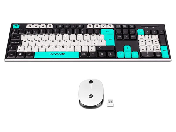 Kit Teclado Y Mouse Techzone Gradient Conexión Inalámbrica Con 105 Teclas Y Mouse Con 3 Botones DPI 1000 Color Negro Con Azul Menta Y Blanco. - imagen 2