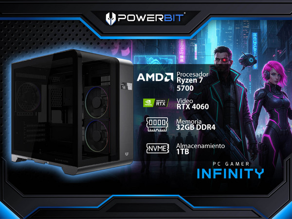 PC de Escritorio Powerbit Infinity:Procesador AMD Ryzen 7 5700 (hasta 4.6 GHz),Memoria de 32GB DDR4, SSD de 1TB,Video NVIDIA GeForce RTX 4060,Sistema Operativo: Windows 11 Home (Versión de Prueba),Incluye 3 Ventiladores RGB.