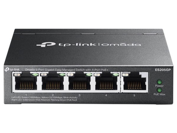 Switch Omada Easy Managed TP-Link ES205GP de 5 Puertos Gigabit con 4 Puertos PoE+.