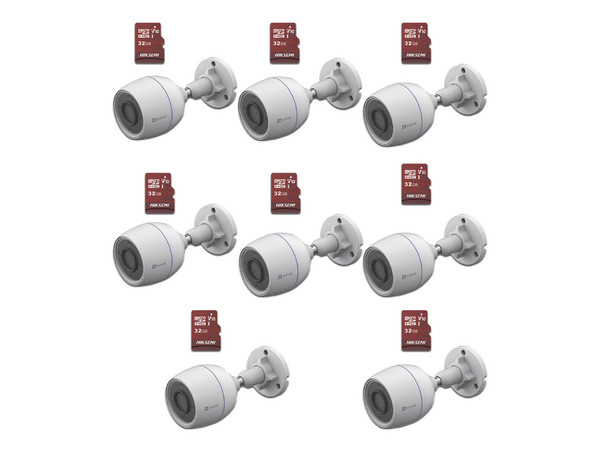 Kit de Cámaras EZVIZ CS-H3C/KM8, Incluye 8 Cámaras IP CS-H3C de 2MP y 8 Tarjetas MicroSD Hiksemi HS-TF-E1/32G de 32GB.