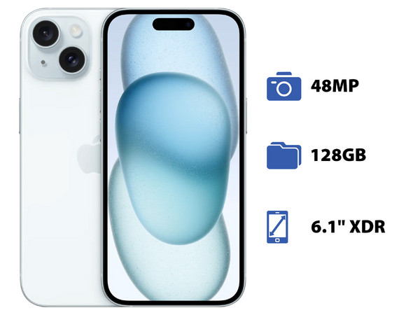 Smartphone Apple iPhone 15: Procesador Apple Chip A16 Bionic, Almacenamiento de 128GB, Pantalla Super Retina XDR de 6.1", Bluetooth 5.3, Wi-Fi, 5G, iOS, Color Azul. - imagen 2